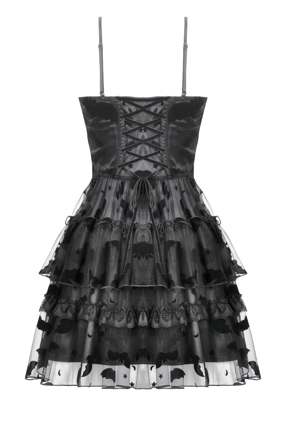 US SALE of Black Lace Ruffled Gothic Dress with Bat Print and Lace-Up - image 5