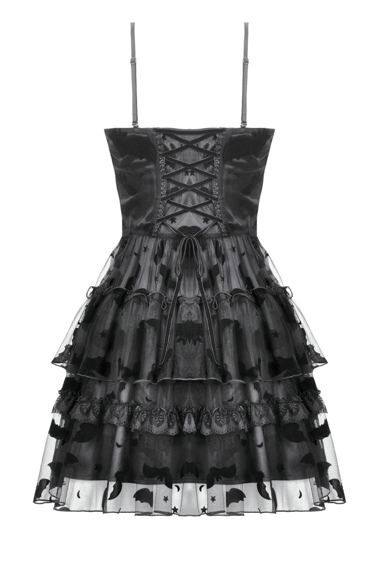 US SALE of Black Lace Ruffled Gothic Dress with Bat Print and Lace-Up - image 5