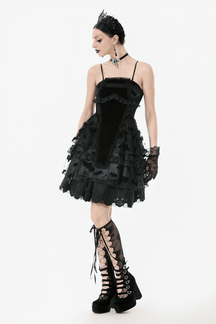 US SALE of Black Lace Ruffled Gothic Dress with Bat Print and Lace-Up - image 13