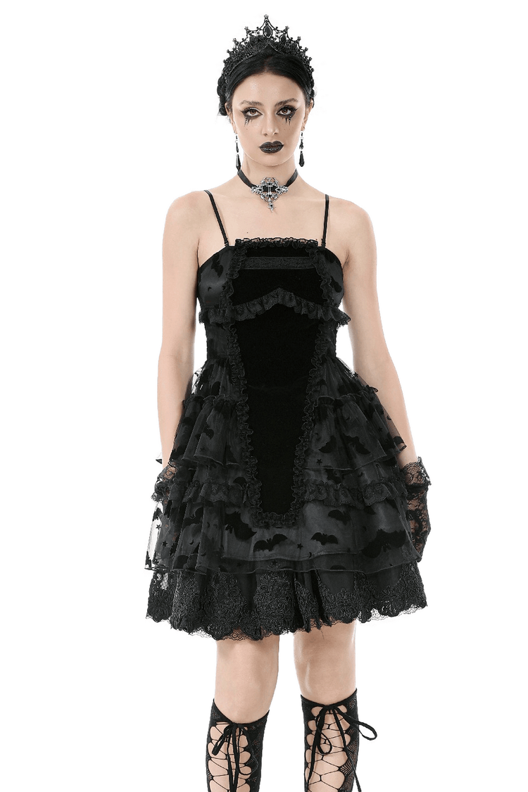 US SALE of Black Lace Ruffled Gothic Dress with Bat Print and Lace-Up - image 1