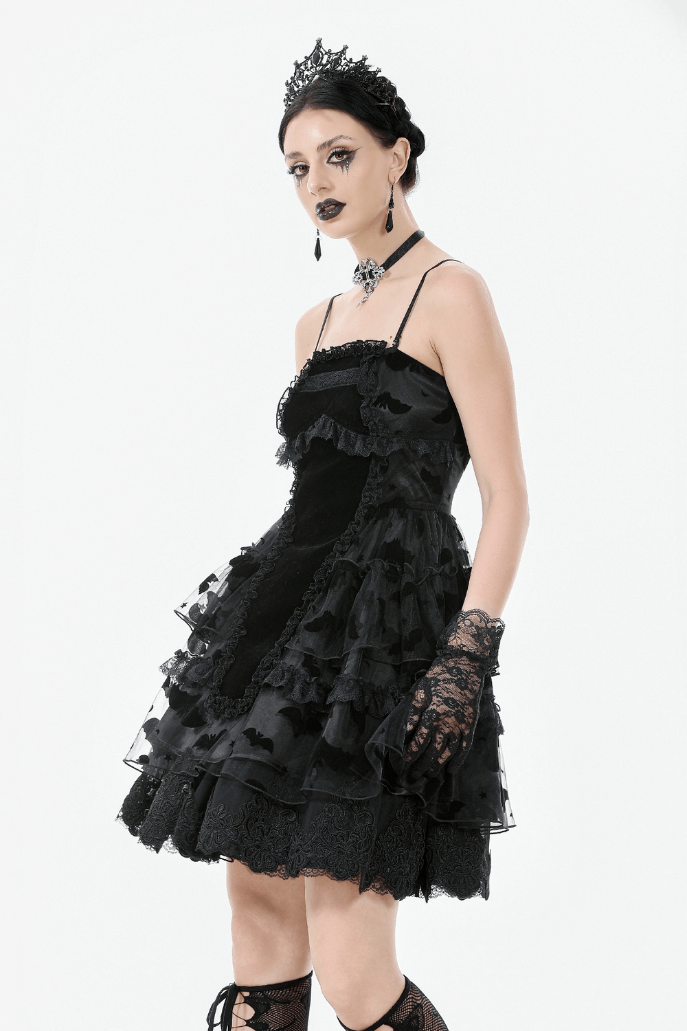 US SALE of Black Lace Ruffled Gothic Dress with Bat Print and Lace-Up - image 12