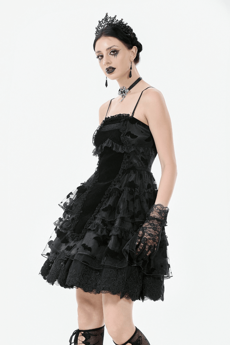 US SALE of Black Lace Ruffled Gothic Dress with Bat Print and Lace-Up - image 12
