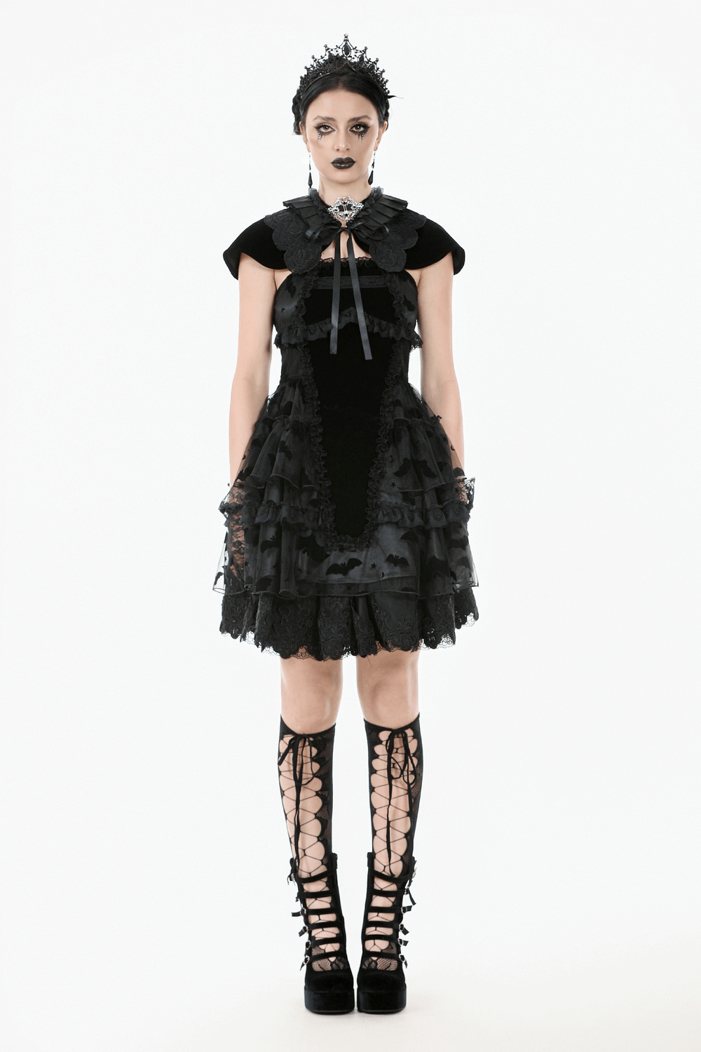US SALE of Black Lace Ruffled Gothic Dress with Bat Print and Lace-Up - image 14