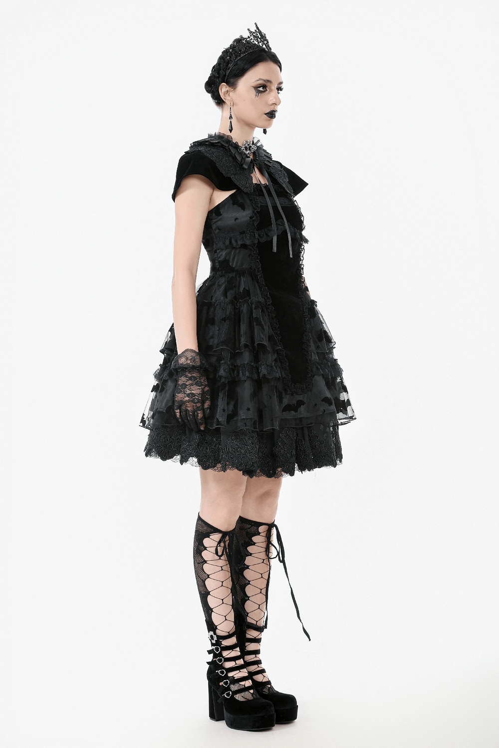 US SALE of Black Lace Ruffled Gothic Dress with Bat Print and Lace-Up - image 15