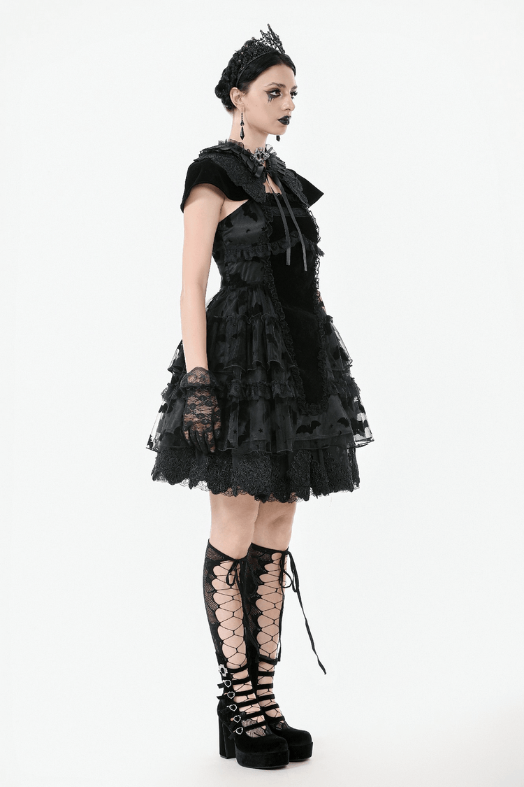 US SALE of Black Lace Ruffled Gothic Dress with Bat Print and Lace-Up - image 15