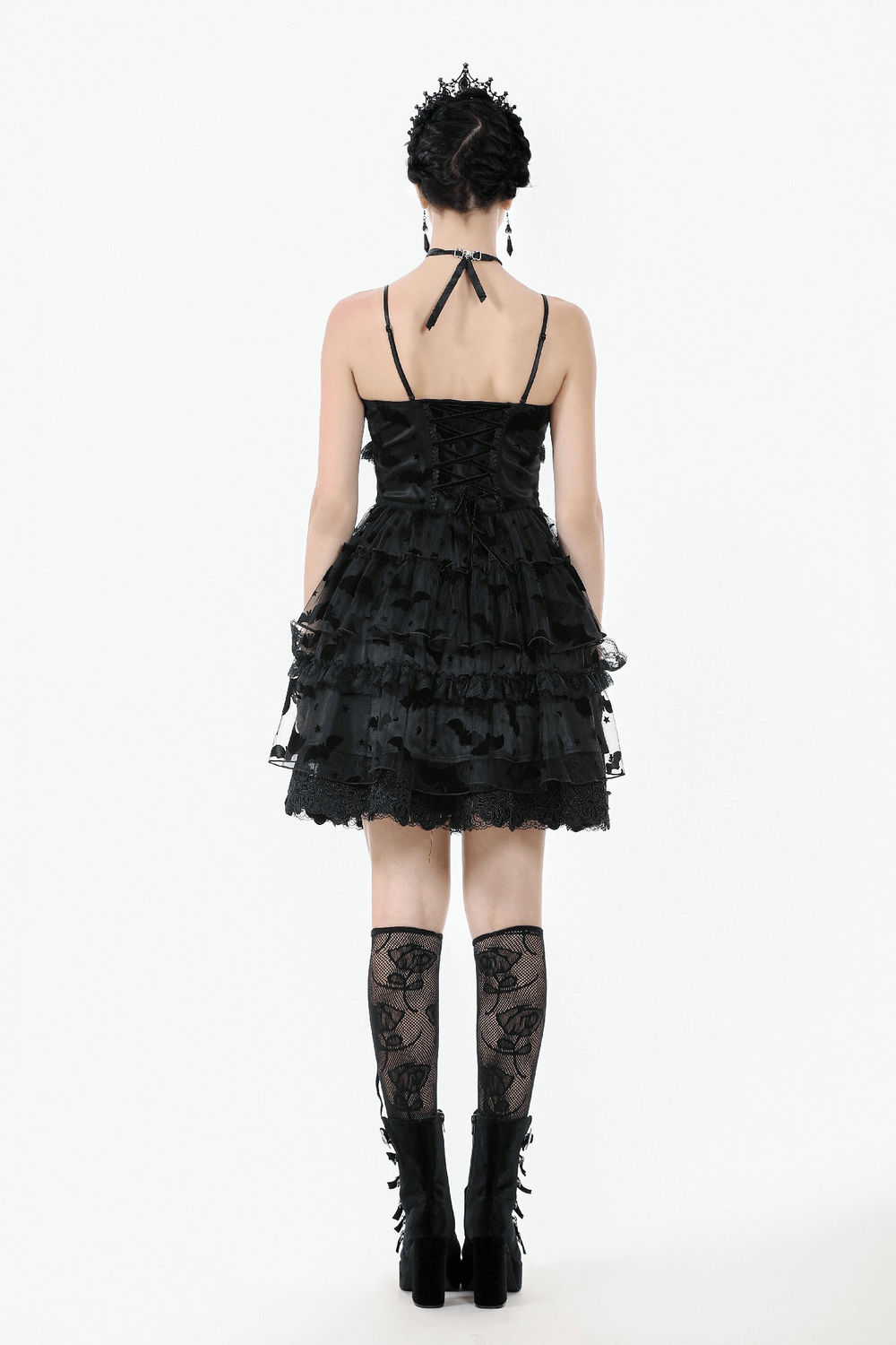 US SALE of Black Lace Ruffled Gothic Dress with Bat Print and Lace-Up - image 16