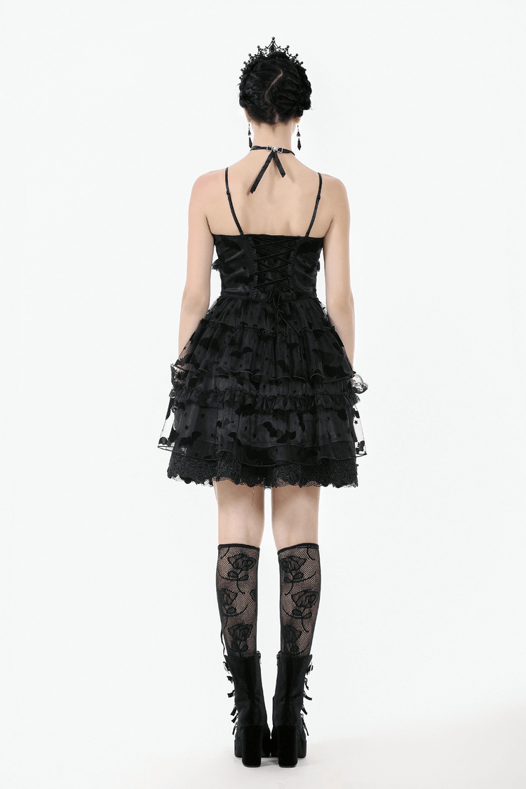 US SALE of Black Lace Ruffled Gothic Dress with Bat Print and Lace-Up - image 16