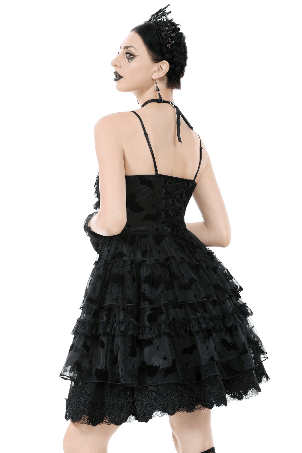 US SALE of Black Lace Ruffled Gothic Dress with Bat Print and Lace-Up - image 2