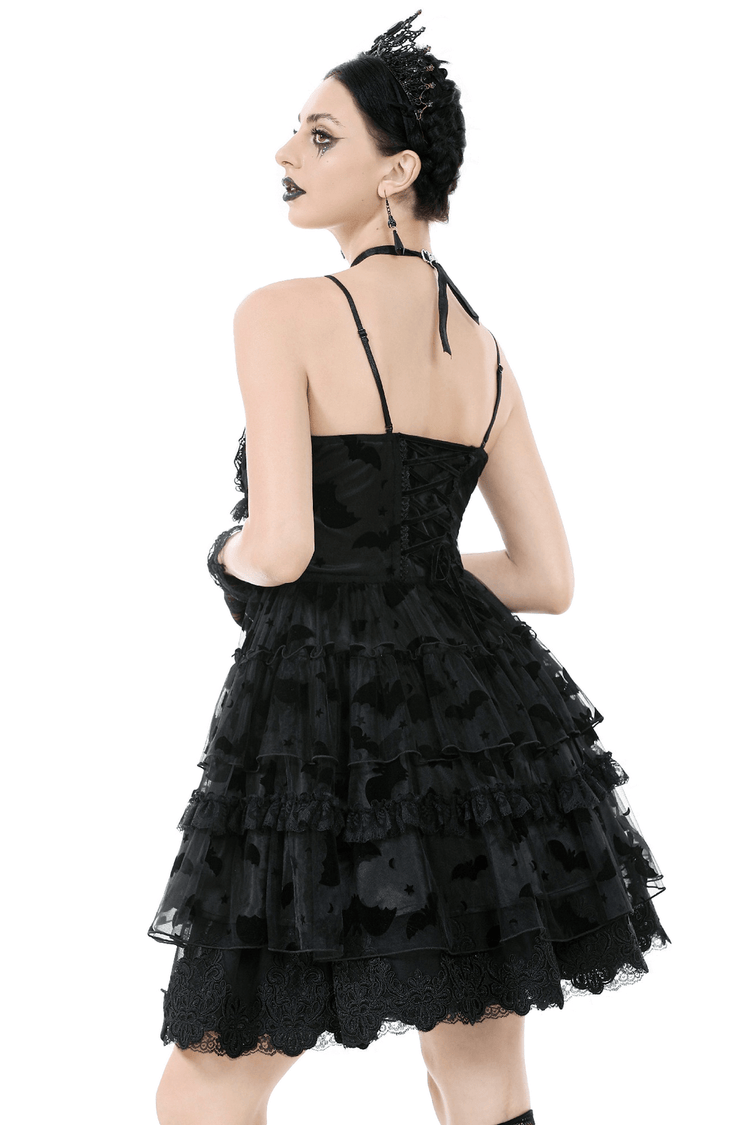 US SALE of Black Lace Ruffled Gothic Dress with Bat Print and Lace-Up - image 2