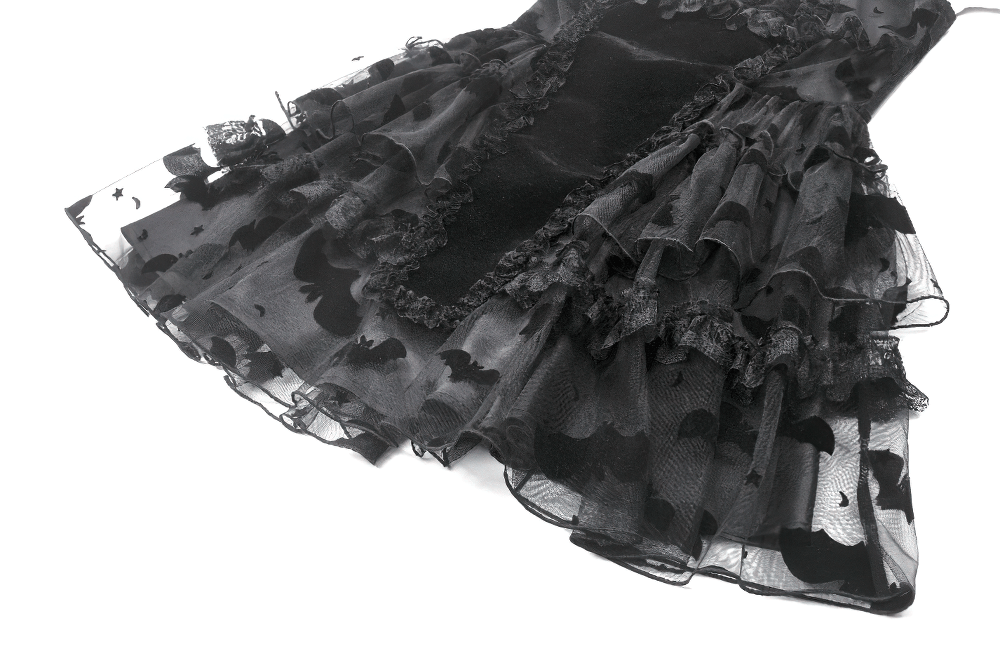 US SALE of Black Lace Ruffled Gothic Dress with Bat Print and Lace-Up - image 10