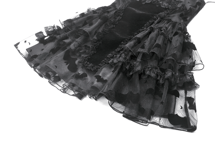 US SALE of Black Lace Ruffled Gothic Dress with Bat Print and Lace-Up - image 10