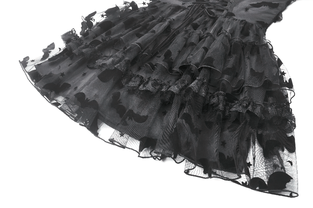 US SALE of Black Lace Ruffled Gothic Dress with Bat Print and Lace-Up - image 11