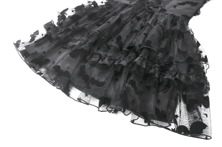 US SALE of Black Lace Ruffled Gothic Dress with Bat Print and Lace-Up - image 11