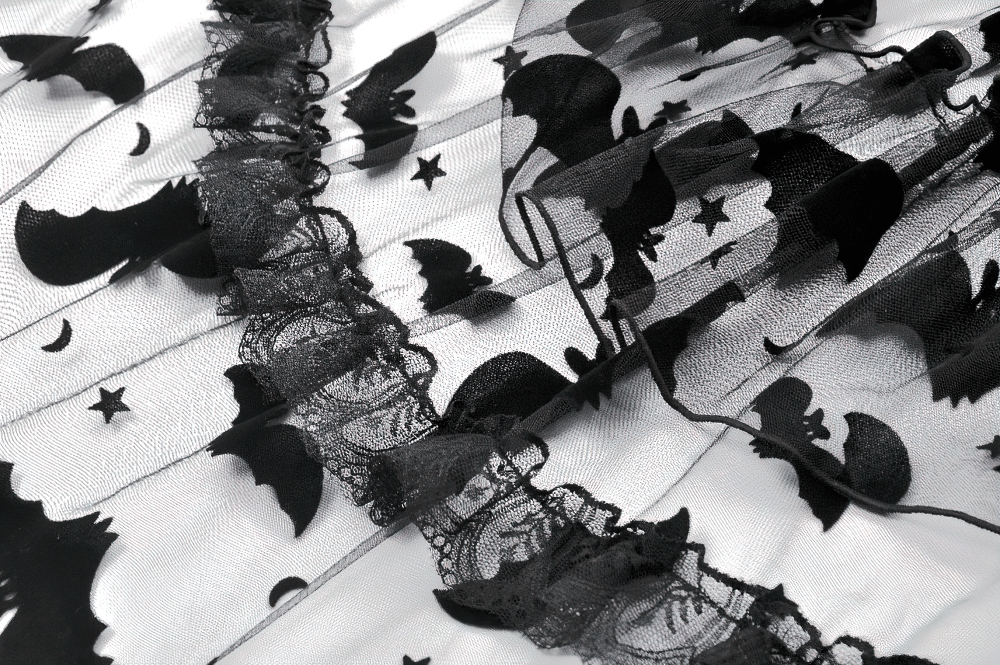 US SALE of Black Lace Ruffled Gothic Dress with Bat Print and Lace-Up - image 9