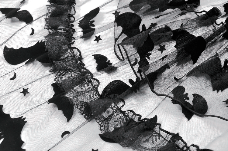 US SALE of Black Lace Ruffled Gothic Dress with Bat Print and Lace-Up - image 9