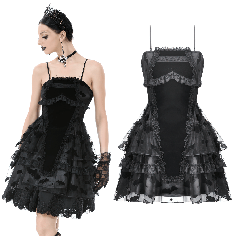US SALE of Black Lace Ruffled Gothic Dress with Bat Print and Lace-Up - image 3