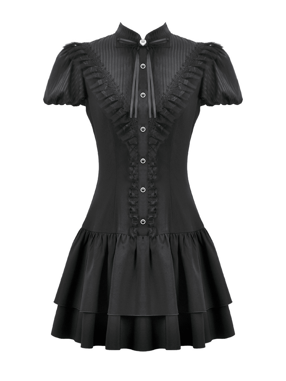 Black Lace Ruffled Gothic Dress with Puff Sleeves and Bow - image 4