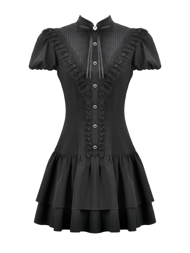 Black Lace Ruffled Gothic Dress with Puff Sleeves and Bow - image 4