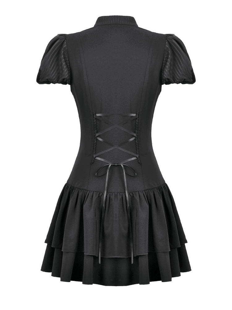 Black Lace Ruffled Gothic Dress with Puff Sleeves and Bow - image 5