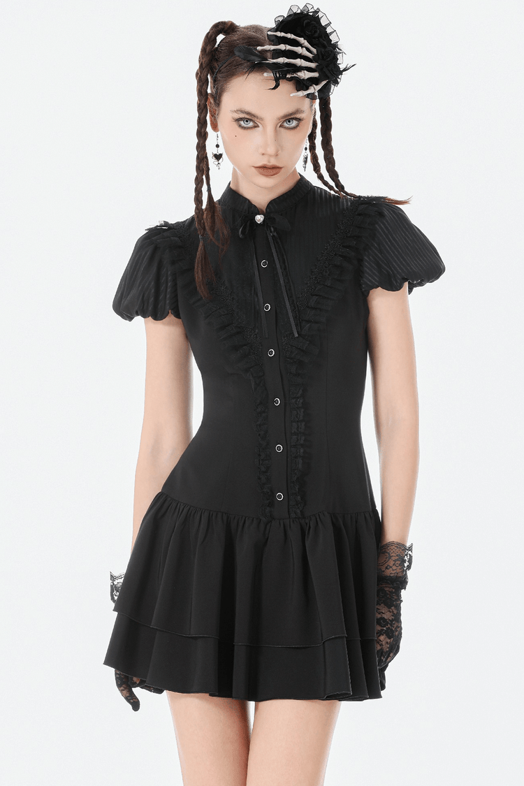Black Lace Ruffled Gothic Dress with Puff Sleeves and Bow - image 12