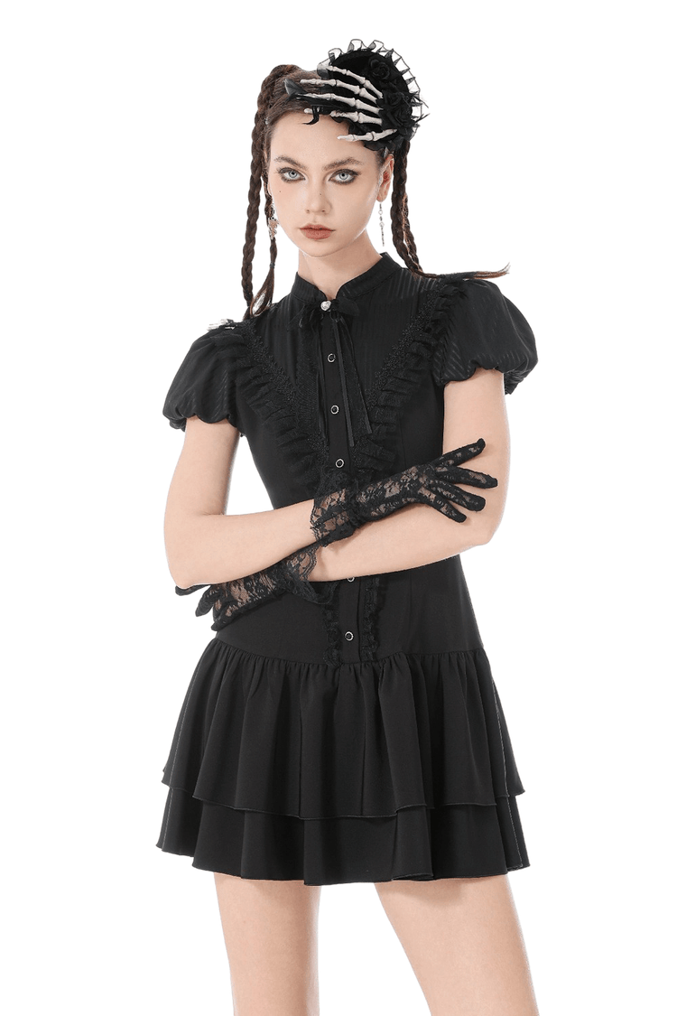 Black Lace Ruffled Gothic Dress with Puff Sleeves and Bow - image 1