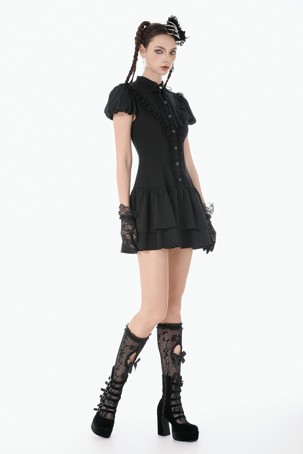 Black Lace Ruffled Gothic Dress with Puff Sleeves and Bow - image 14