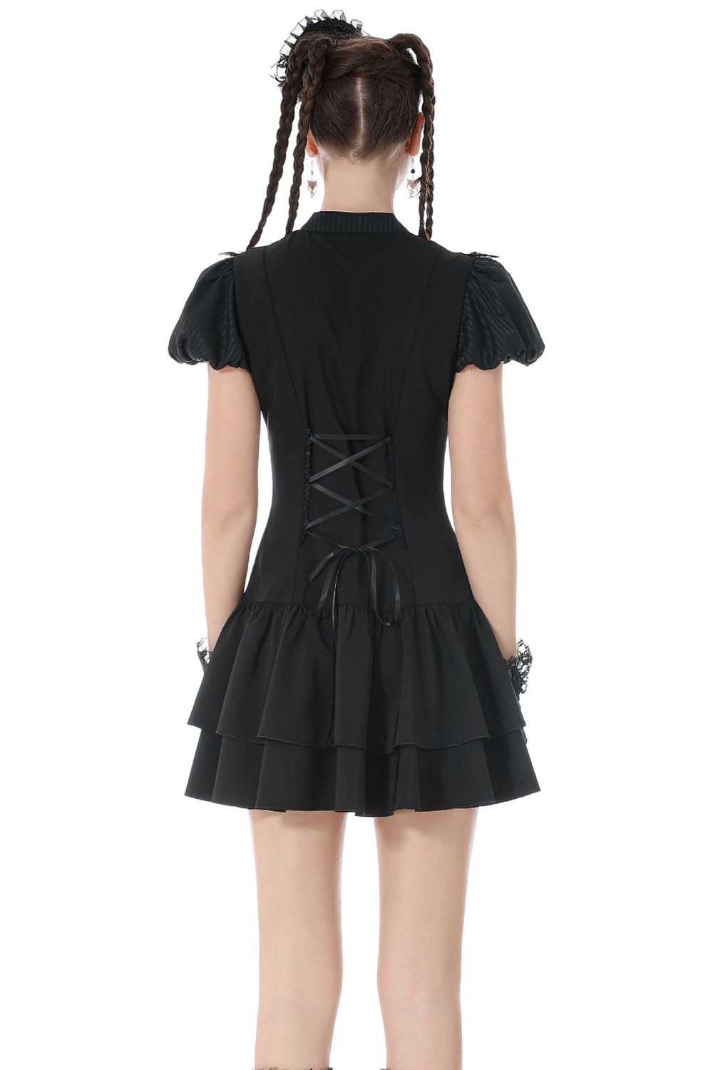 Black Lace Ruffled Gothic Dress with Puff Sleeves and Bow - image 2