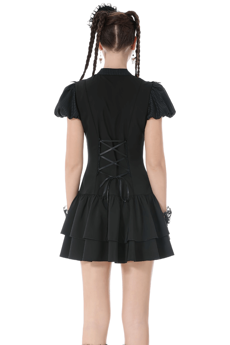 Black Lace Ruffled Gothic Dress with Puff Sleeves and Bow - image 2