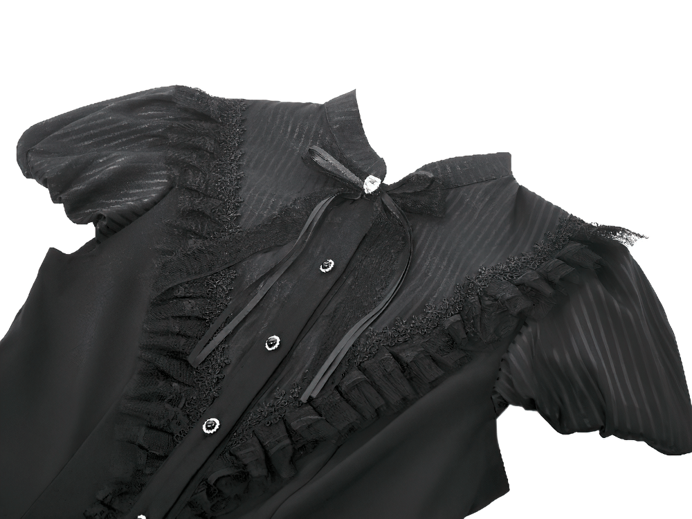Black Lace Ruffled Gothic Dress with Puff Sleeves and Bow - image 6