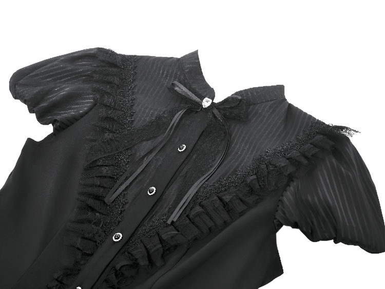 Black Lace Ruffled Gothic Dress with Puff Sleeves and Bow - image 6