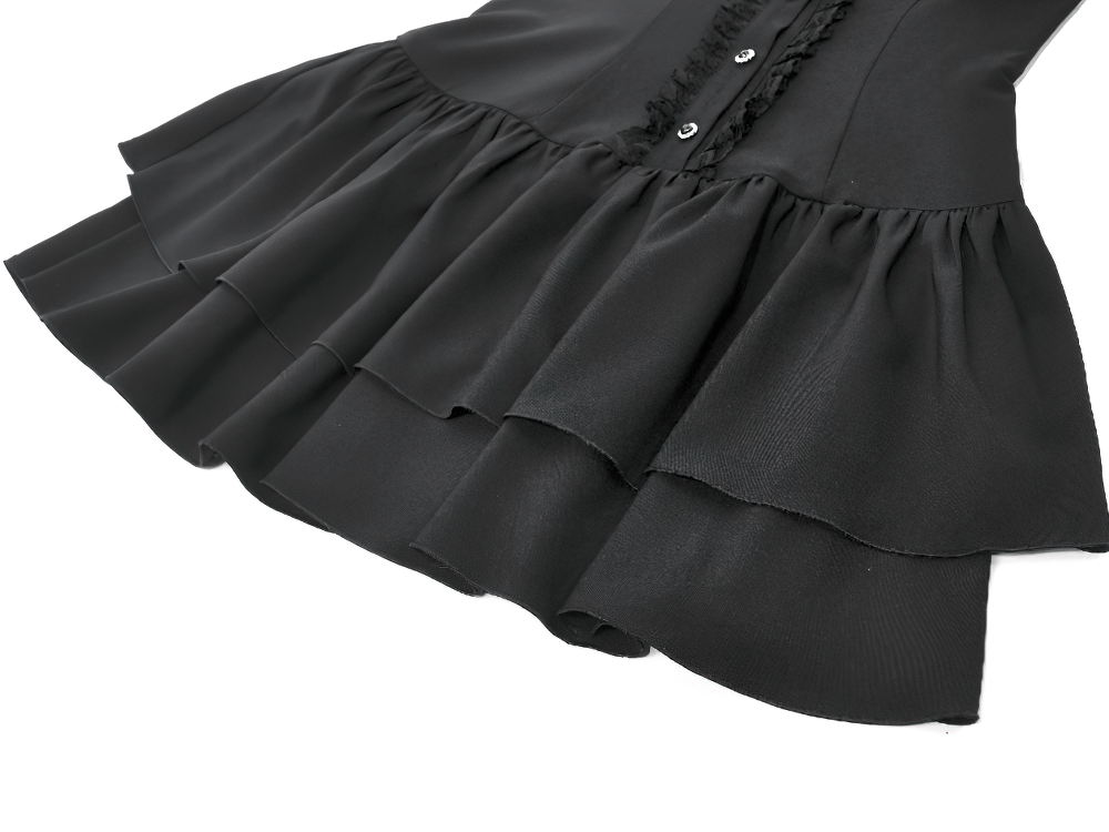 Black Lace Ruffled Gothic Dress with Puff Sleeves and Bow - image 8