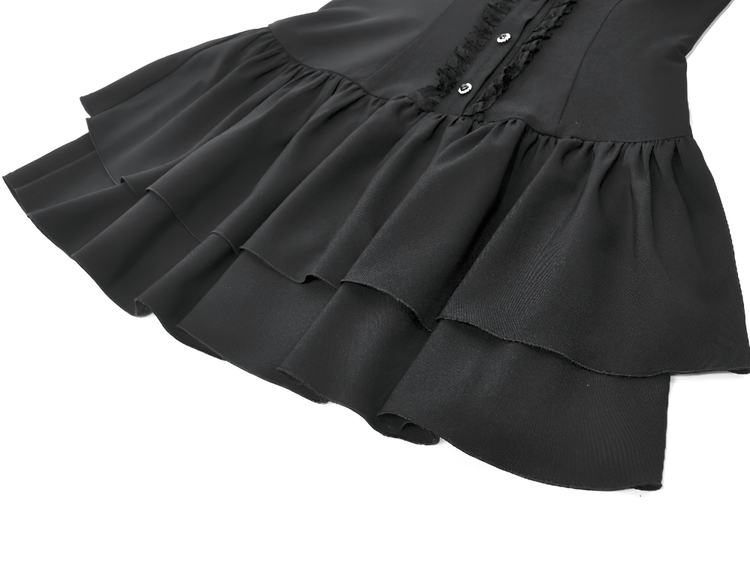 Black Lace Ruffled Gothic Dress with Puff Sleeves and Bow - image 8