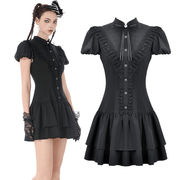 Black Lace Ruffled Gothic Dress with Puff Sleeves and Bow - image 3