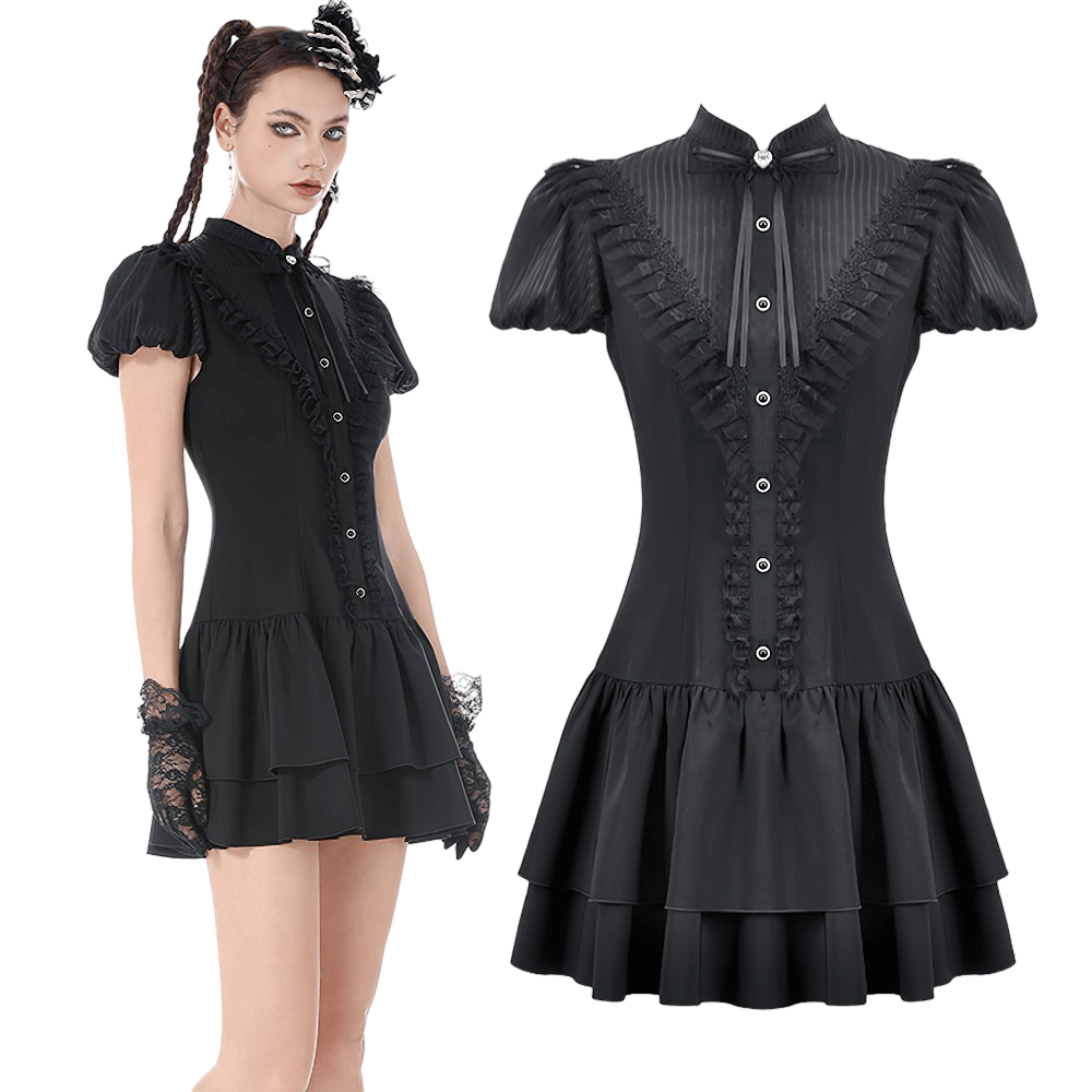 Black Lace Ruffled Gothic Dress with Puff Sleeves and Bow - image 3