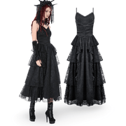 Black Lace Ruffled Tiered Gothic Dress with Spaghetti Straps - image 3