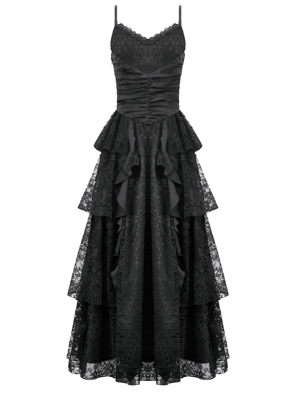 Black Lace Ruffled Tiered Gothic Dress with Spaghetti Straps - image 4