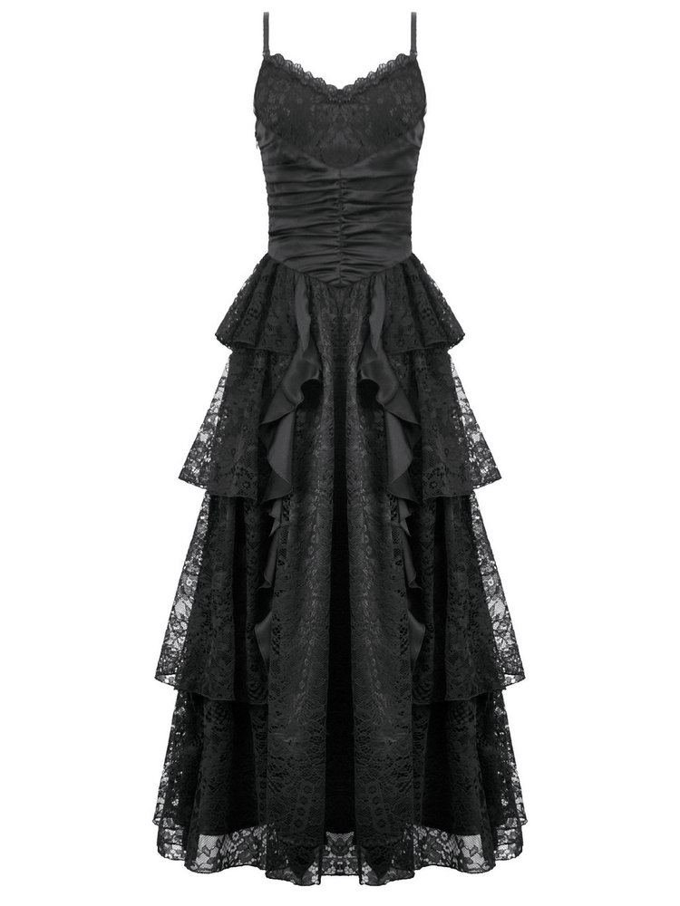 Black Lace Ruffled Tiered Gothic Dress with Spaghetti Straps - image 4