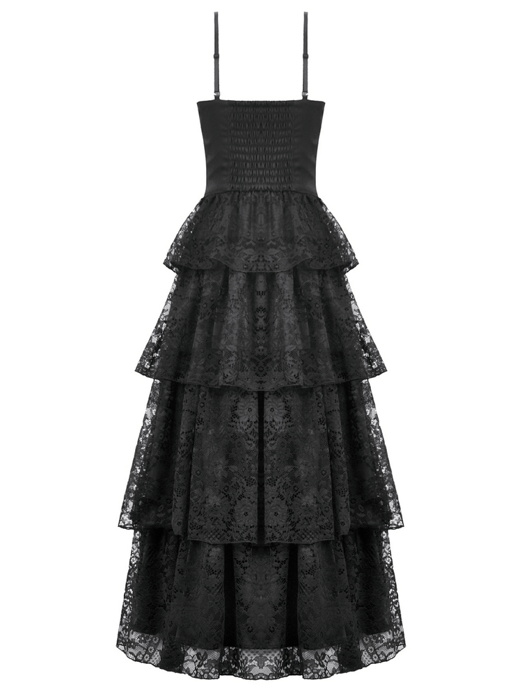 Black Lace Ruffled Tiered Gothic Dress with Spaghetti Straps - image 5