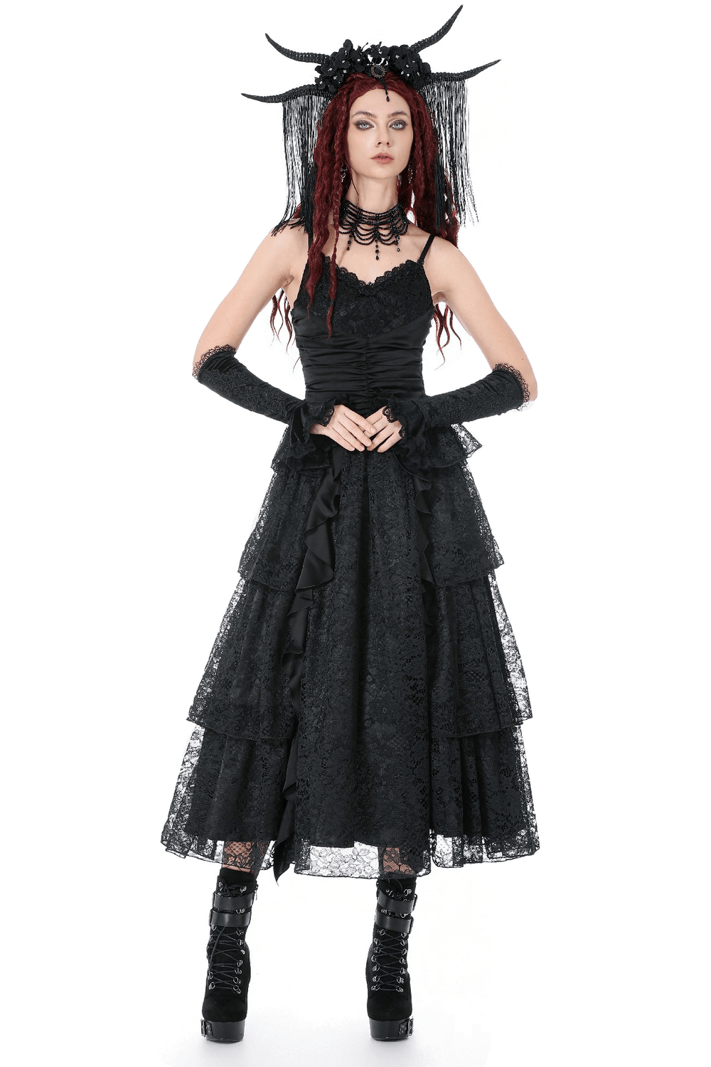 Black Lace Ruffled Tiered Gothic Dress with Spaghetti Straps - image 1