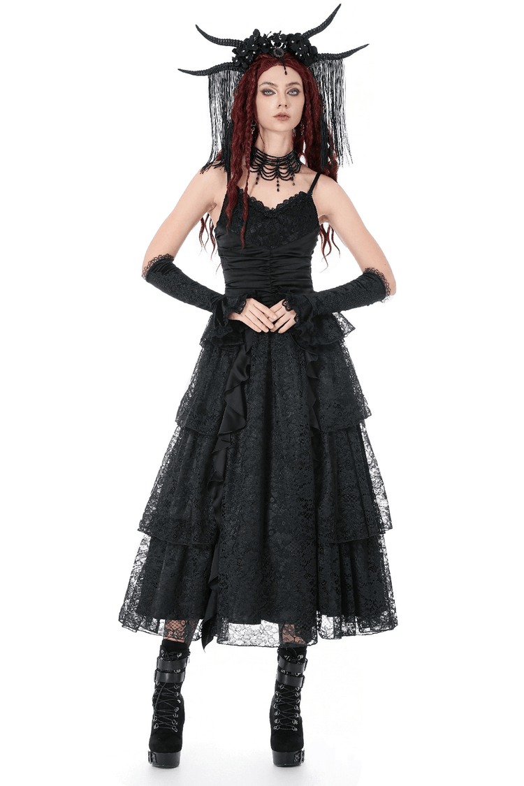 Black Lace Ruffled Tiered Gothic Dress with Spaghetti Straps - image 1