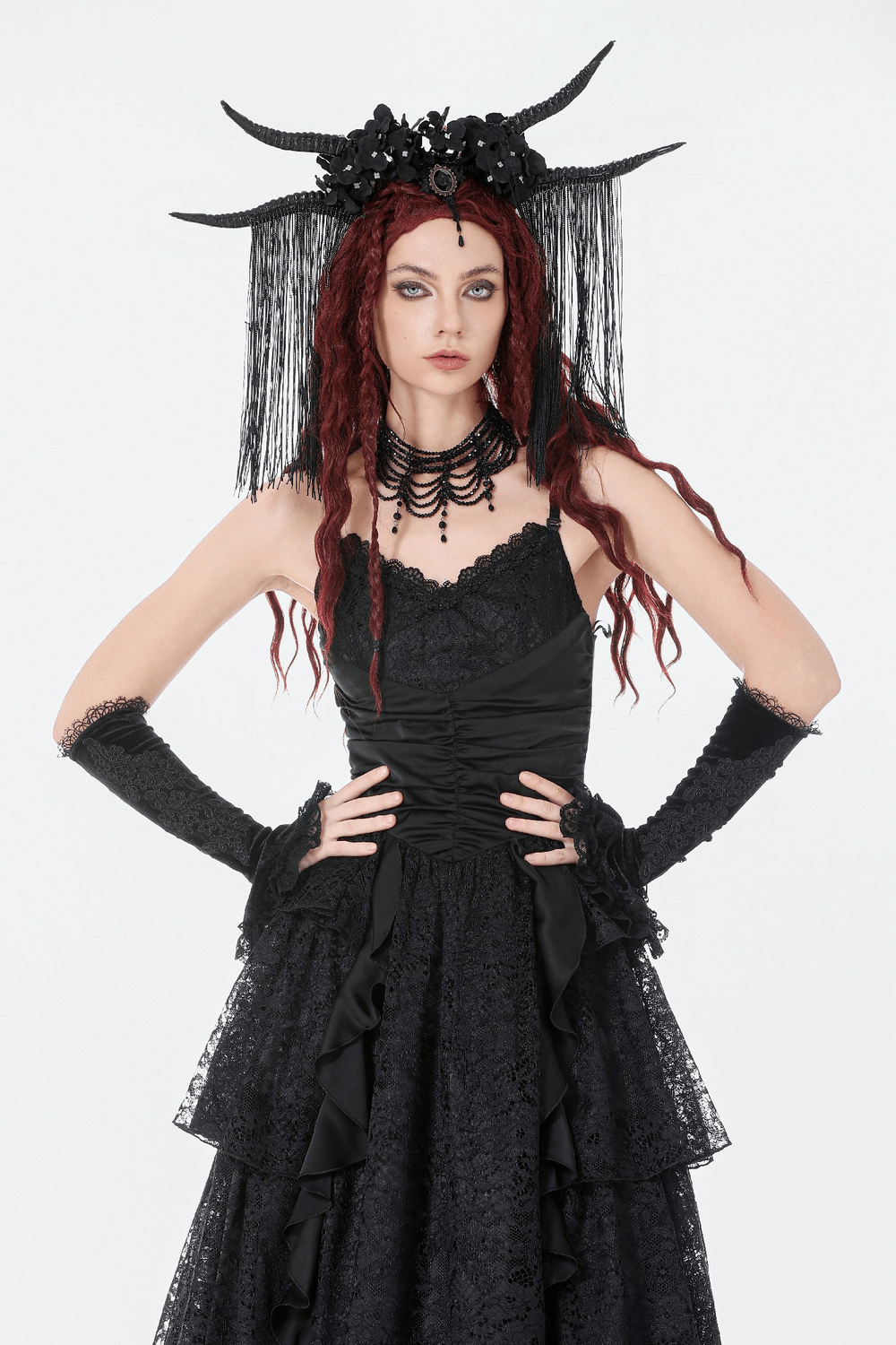 Black Lace Ruffled Tiered Gothic Dress with Spaghetti Straps - image 11