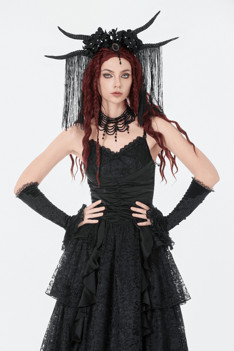 Black Lace Ruffled Tiered Gothic Dress with Spaghetti Straps - image 11