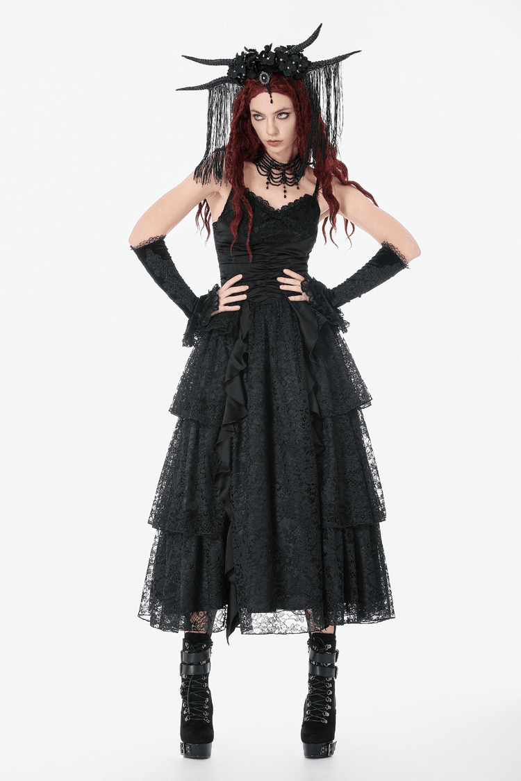 Black Lace Ruffled Tiered Gothic Dress with Spaghetti Straps - image 13