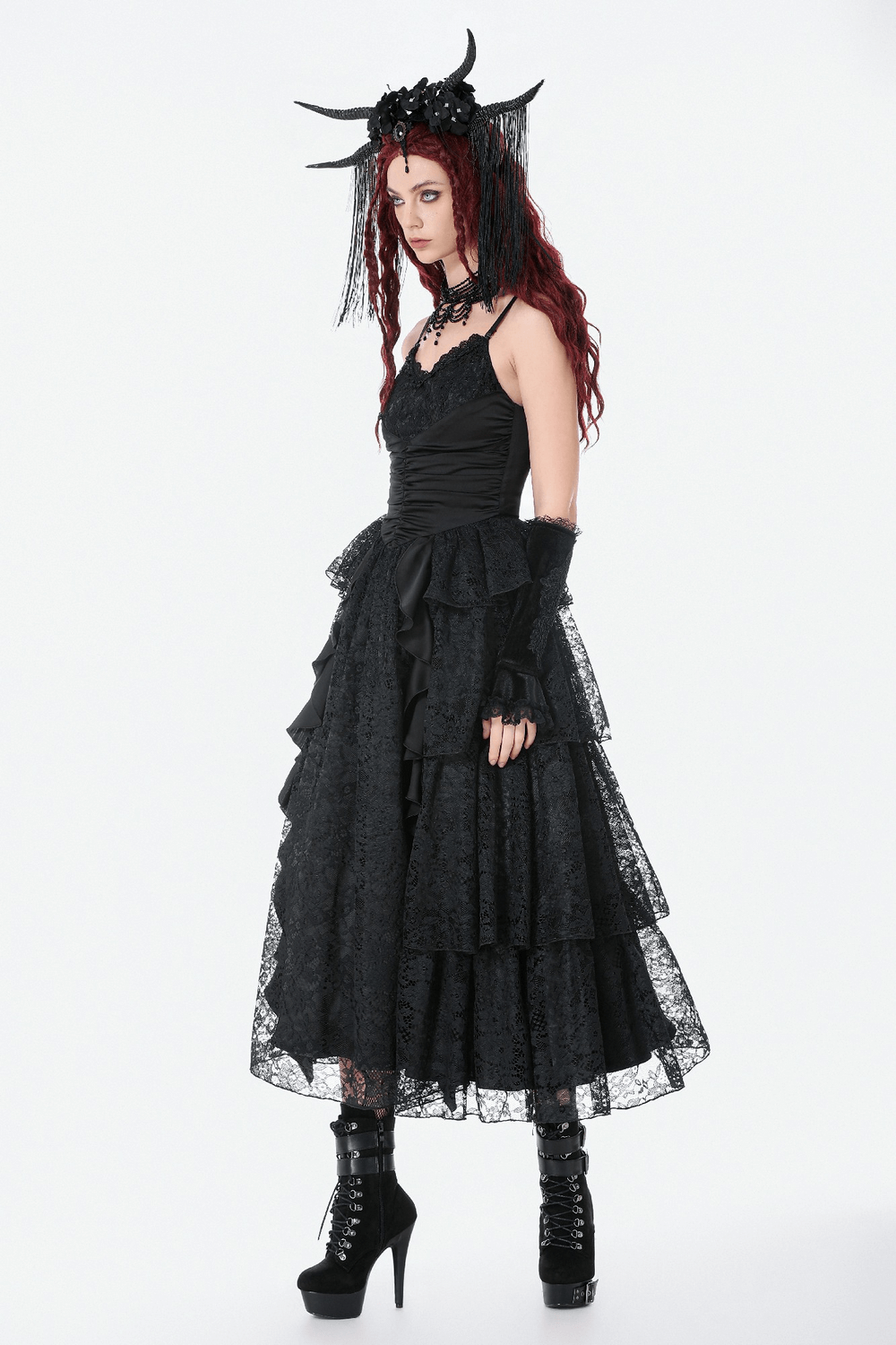 Black Lace Ruffled Tiered Gothic Dress with Spaghetti Straps - image 12