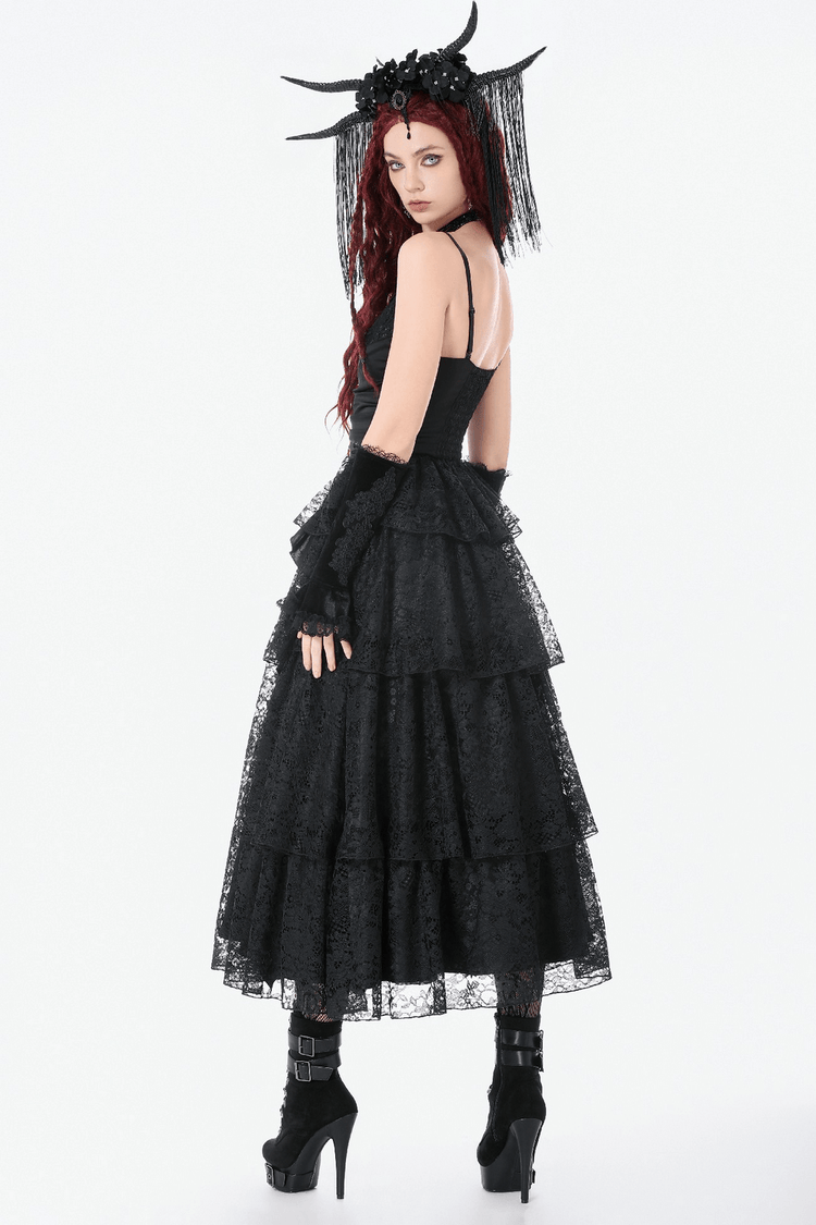 Black Lace Ruffled Tiered Gothic Dress with Spaghetti Straps - image 15