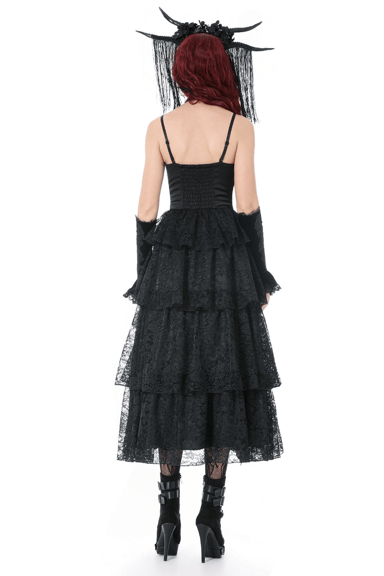 Black Lace Ruffled Tiered Gothic Dress with Spaghetti Straps - image 2