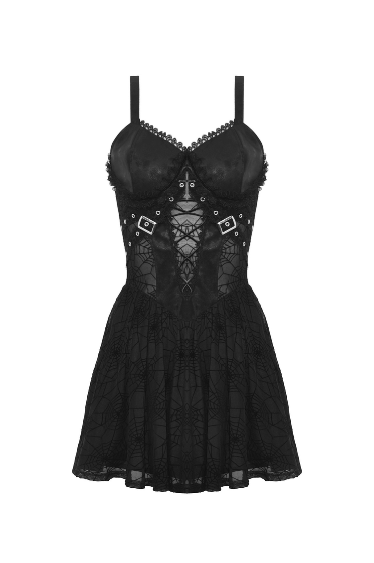 Black Lace Spiderweb Mesh Punk Suspender Dress - image 4