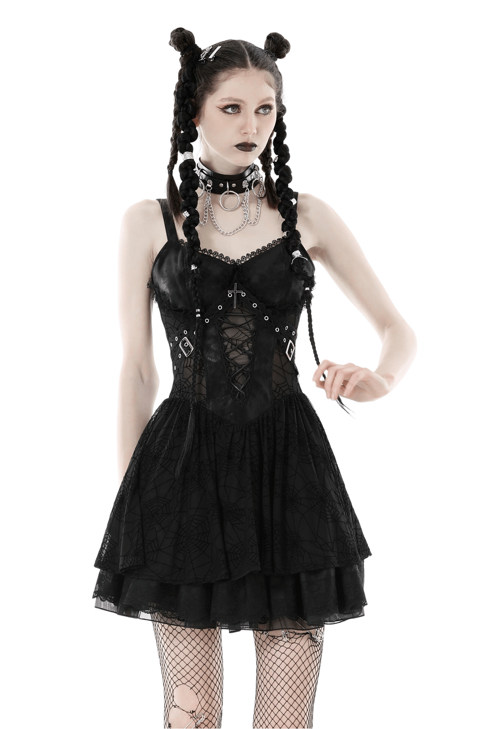 Black Lace Spiderweb Mesh Punk Suspender Dress - image 1