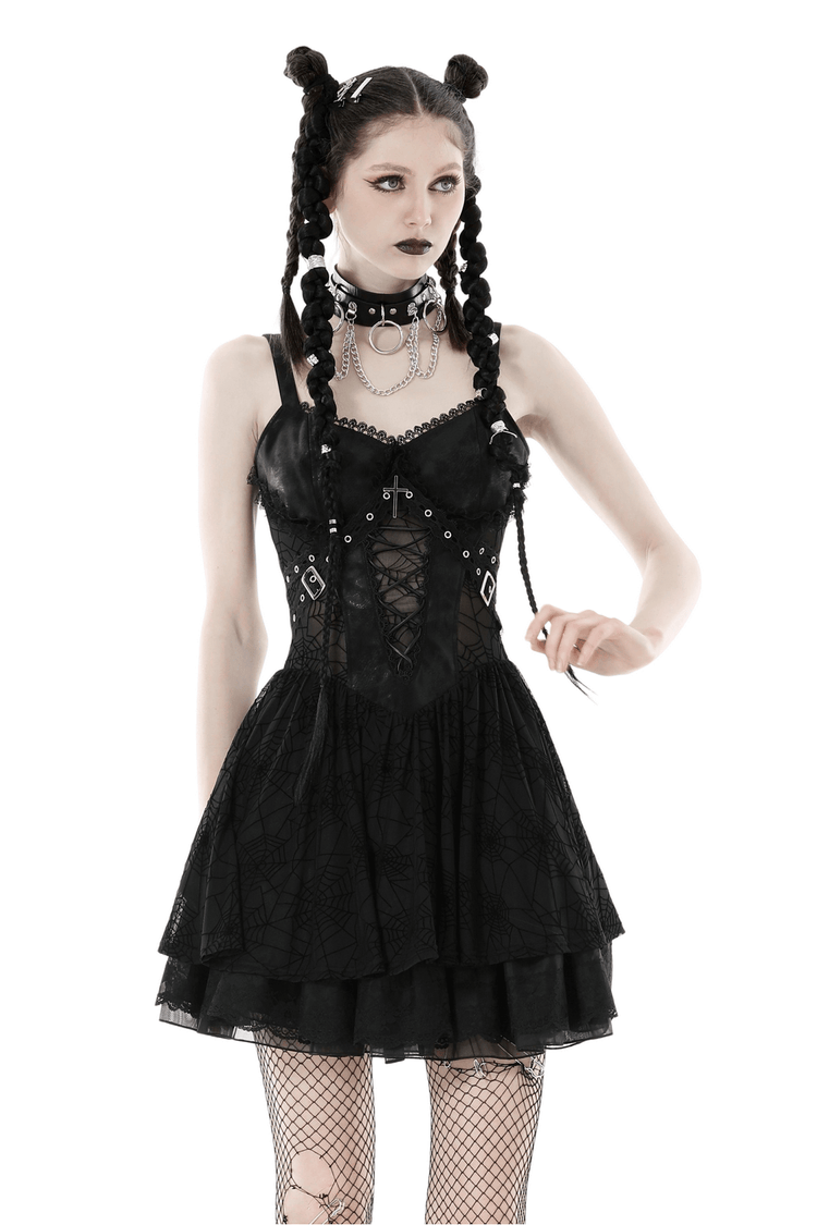 Black Lace Spiderweb Mesh Punk Suspender Dress - image 1