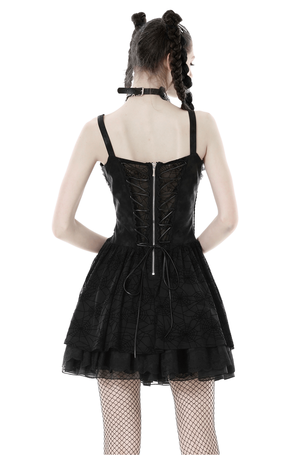 Black Lace Spiderweb Mesh Punk Suspender Dress - image 2